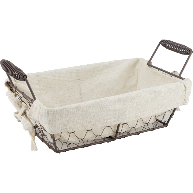 Rectangular metal bread basket with textile liner and metal handles 30