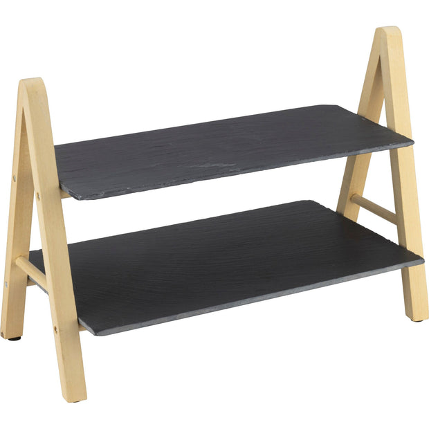 Two tier wooden cheese stand with slate trays 38cm