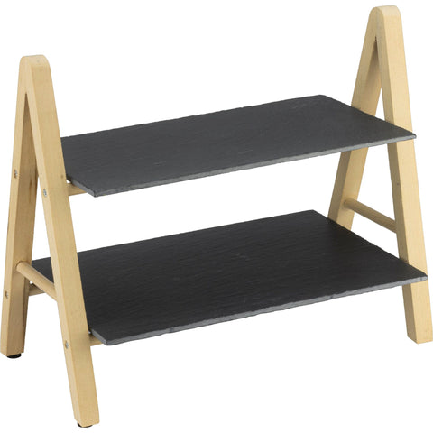 Two layer wooden cheese stand with slate trays 33cm