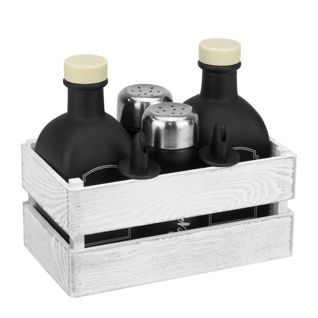 Condiment set 5 piece black with vintage white wooden crate