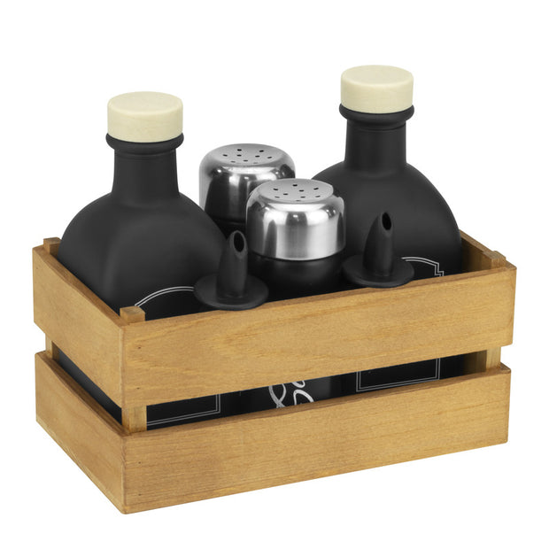 Condiment set 5 piece black with natural wooden crate