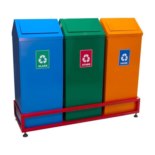 Set of three recycling trash cans with stand