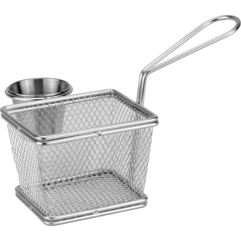 Rectangular metal serving basket with ramekin and carry handle "Silver" 10x8cm
