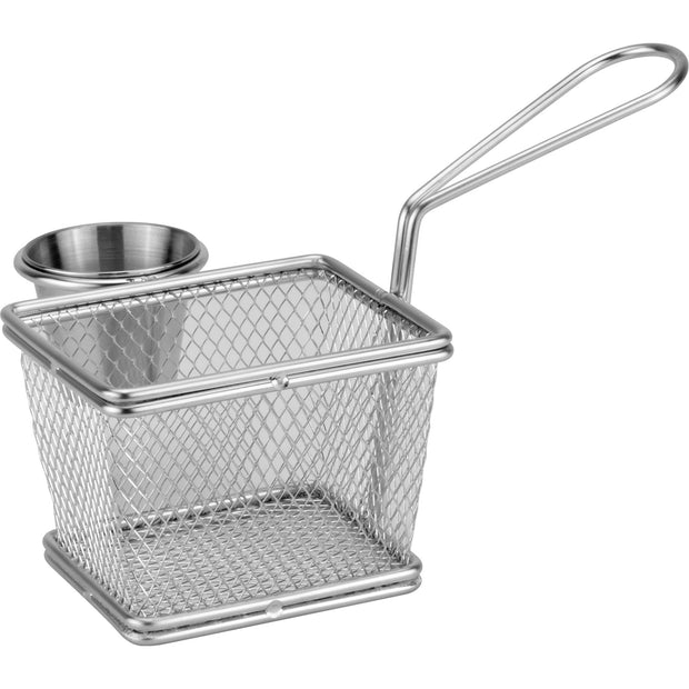 Rectangular metal serving basket with ramekin and carry handle "Silver" 10x8cm