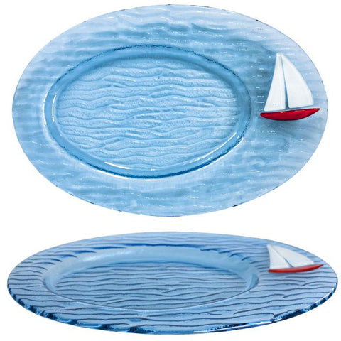 Blue glass plate with sail decoration 21х34cm