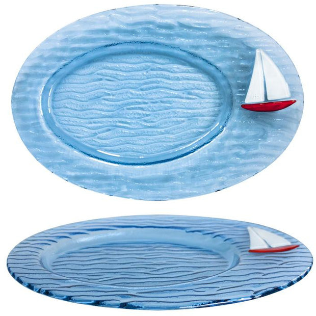 Blue glass plate with sail decoration 18х26cm