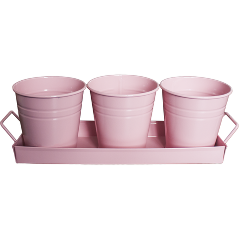 Set of three serving buckets in a  metal tray PINK