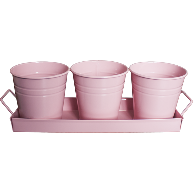 Set of three serving buckets in a  metal tray PINK