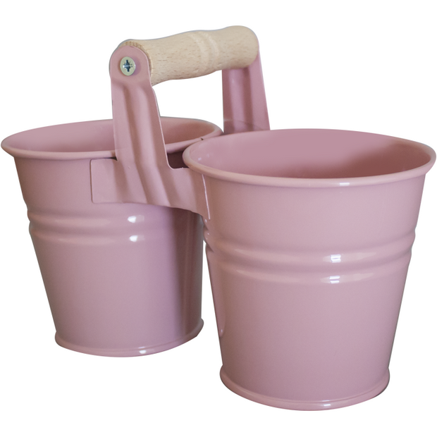 Set of two metal flower pots with wooden handle PINK