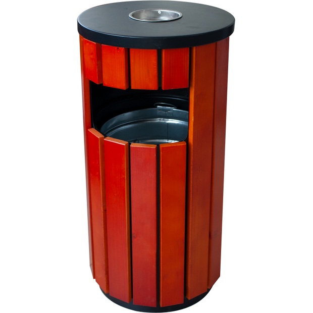 Round hotel trash can with ashtray red "Wood" 80 litres