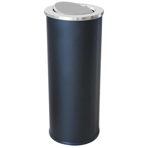 Round metal trash cab with swinging lid and inner bucket black 70 litres