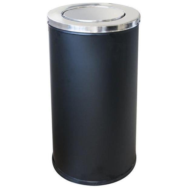 Round metal trash can with swinging lid and inner bucket black 80 litres