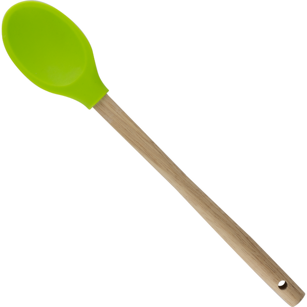 Silicone green cooking spoon with wooden handle