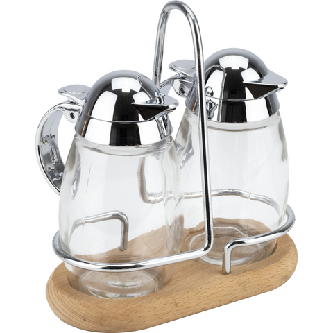 Salad dressing set with wooden base stand