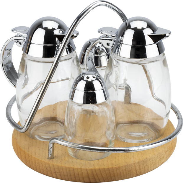Condiment set with round wooden stand