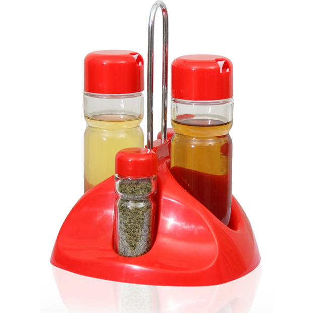 Glass condiment set with stand red 5 pcs