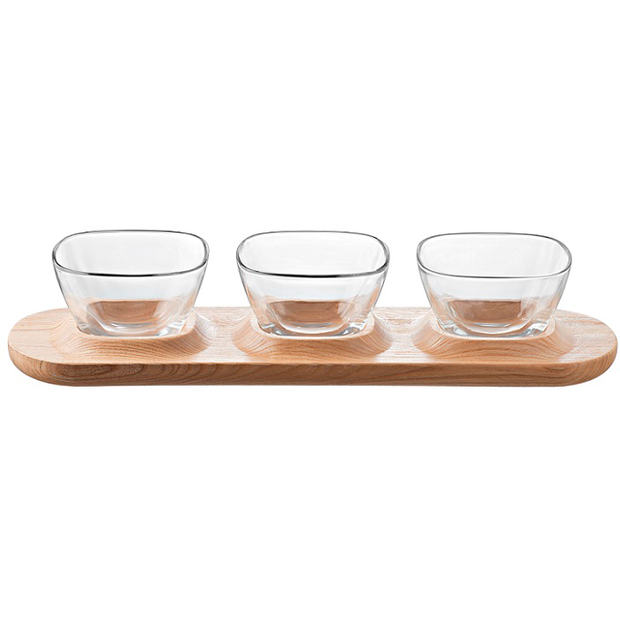 Set of three bowls on wooden tray 38.5x11.5cm