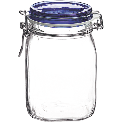 Glass jar with blue clip top 1 litre