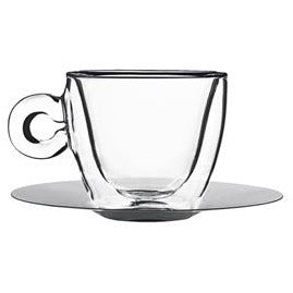 Glass thermo mug with double walls and stainless steel saucer 165ml