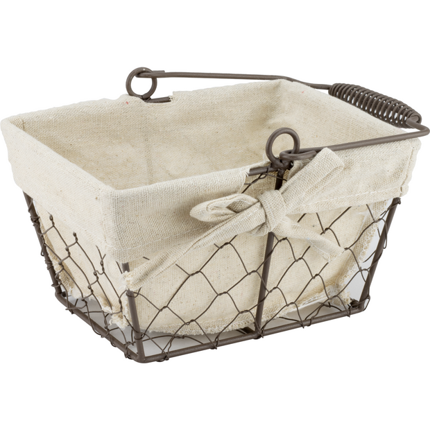 Rectangular metal bread basket with textile liner and metal handle 24cm