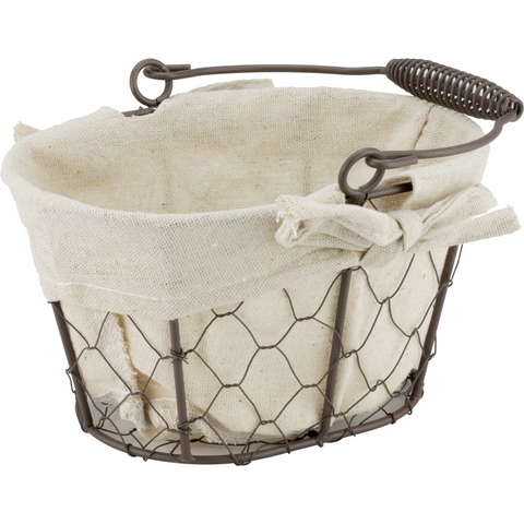 Oval metal bread basket with textile liner and metal handle 24.5cm