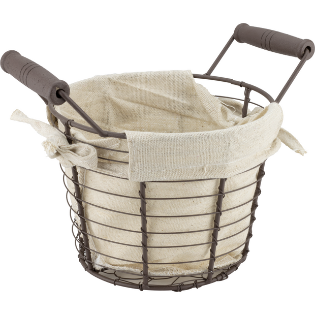 Round metal bread basket with textile liner and wooden handles 16cm