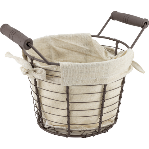 Round metal bread basket with textile liner and wooden handles 12cm