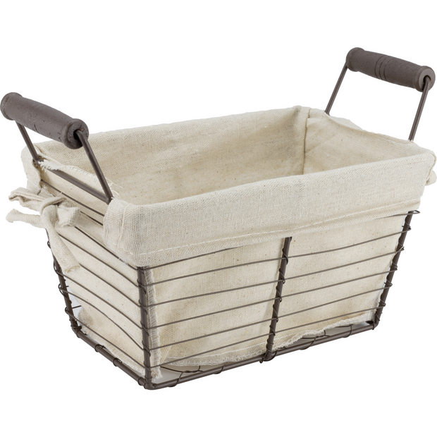 Rectangular metal bread basket with textile liner and wooden handles 25.5cm