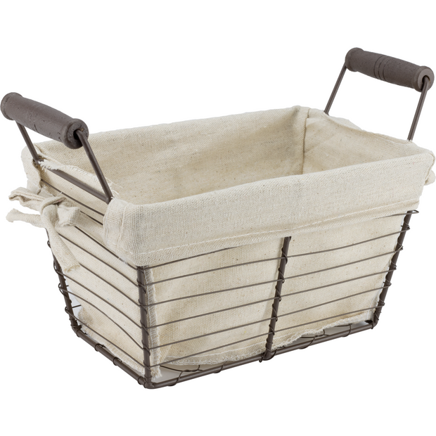 Rectangular metal bread basket with textile liner and wooden handles 21.5cm