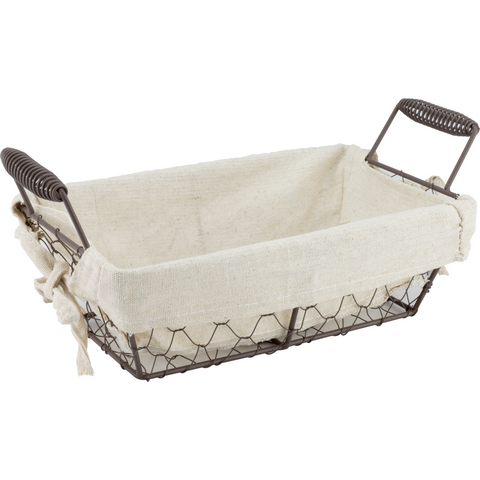 Rectangular metal bread basket with textile liner and metal handles 30cm