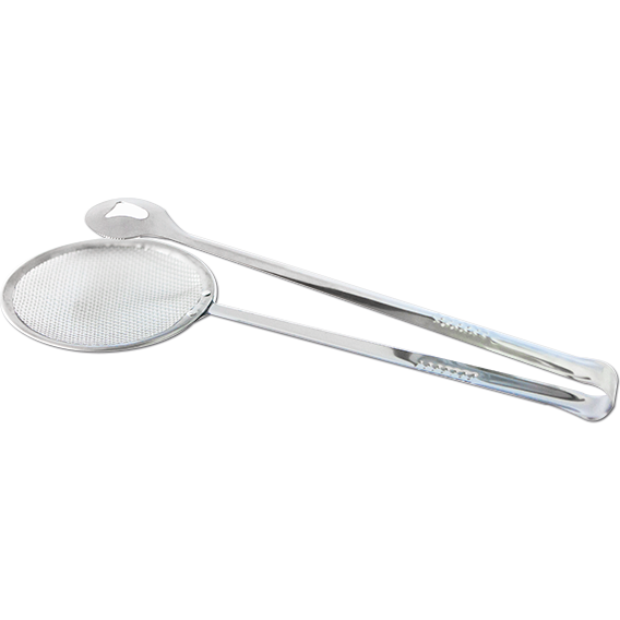 Tongs with strainer for deep fryer