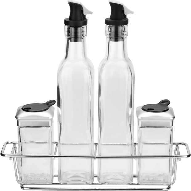 Salad dressing set with chromed rack 4 pieces