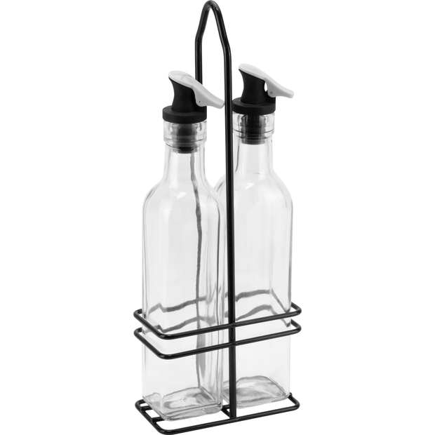 Oil and Vinegar bottle set with black metal stand 250ml x2