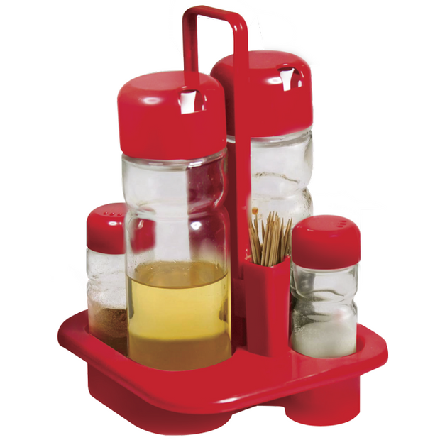 Glass condiment set with toothpick holder red 5 pcs