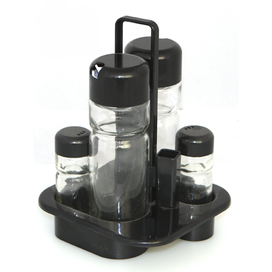 Glass condiment set with toothpick holder black 5 pcs
