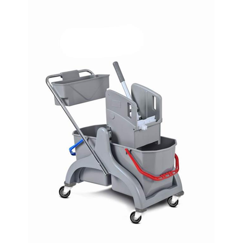 Hunter Plastic cleaning cart with mop wringer and two 25 litre mop buckets