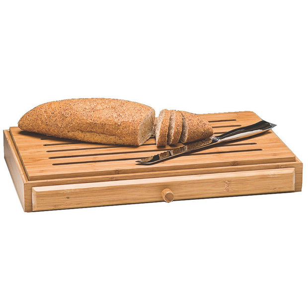 Wooden bread cutting board with drawer for crumbs 52cm