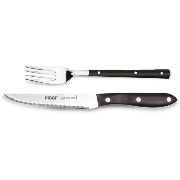 Pirge Pro Steak knife and fork set with black handle 12cm