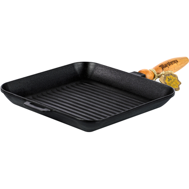 Square cast iron grill skillet with wood handle 28x4cm