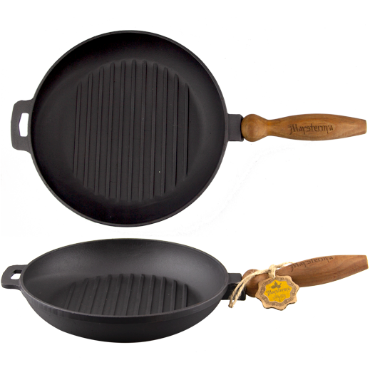 Round cast iron grill skillet with wood handle 24cm
