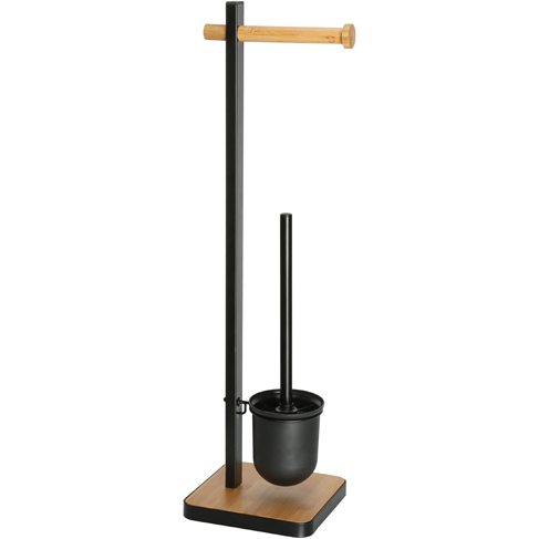 Freestanding metal toilet brush with bamboo roll holder & wood look base 67cm