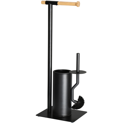 Freestanding metal toilet brush with bamboo roll holder matt black 67cm