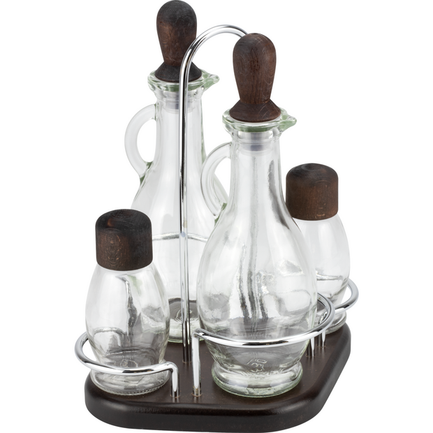 Condiment set with wooden stand