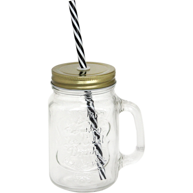 Beverage jar with gold lid and straw 500ml