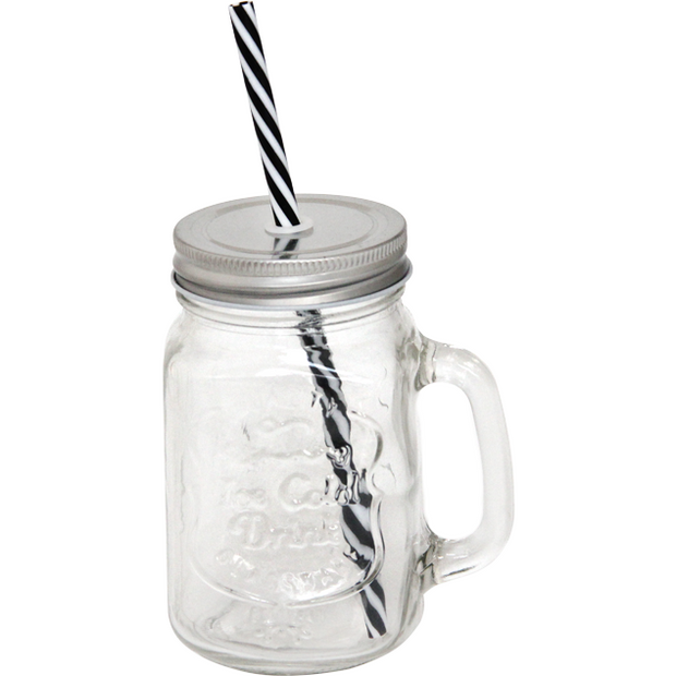 Beverage jar with silver lid and straw 500ml