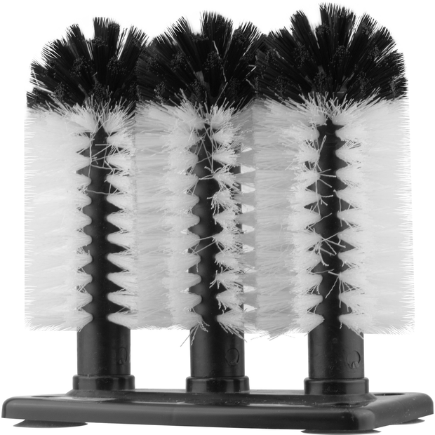 Set of three brushes for washing glasses with suction feet