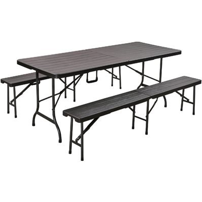Folding table and bench set with wooden slats design brown