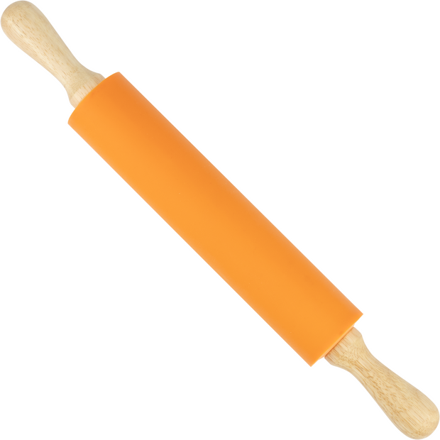 Rotating silicone rolling pin with wooden handles