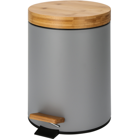 Trash can with treadle and bamboo lid grey 5 litres