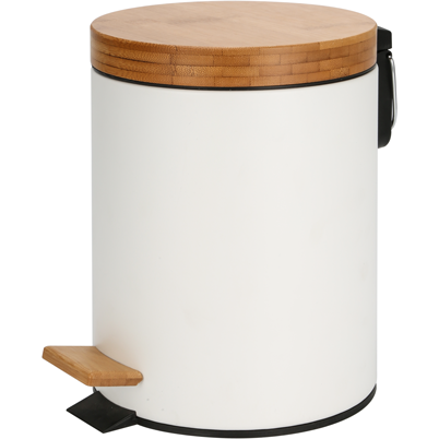 Trash can with treadle and bamboo lid white 5 litres